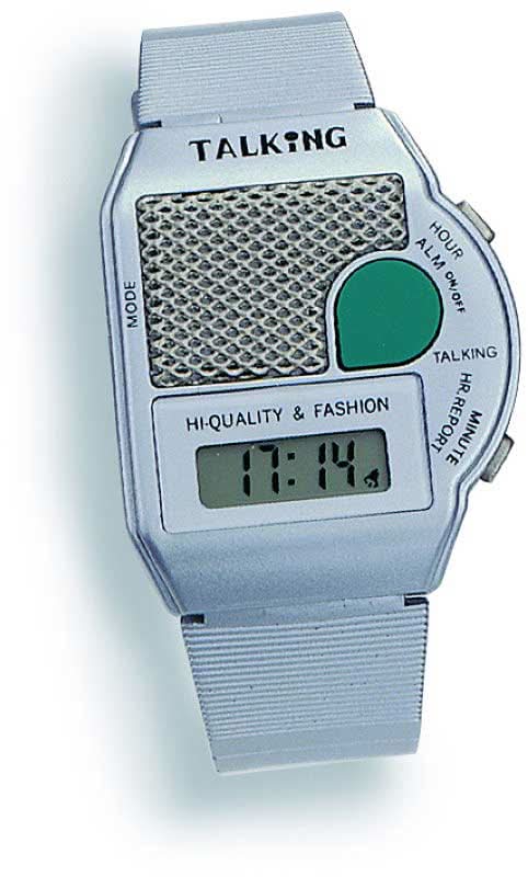Talande digital klocka med ljust armband, rektangulär display och knappar på sidan