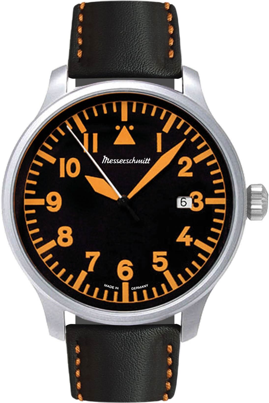 Messerschmitt herrklocka med svart urtavla, orange siffror och läderarmband