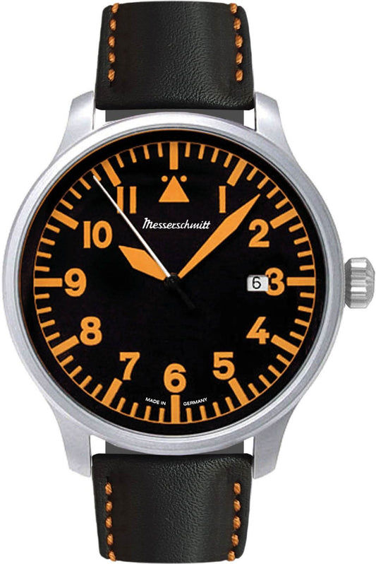 Messerschmitt herrklocka med svart urtavla, orange siffror och läderarmband