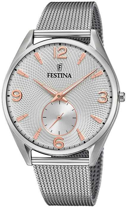 Festina herrarmbandsur med silverfärgat mesharmband och vit urtavla