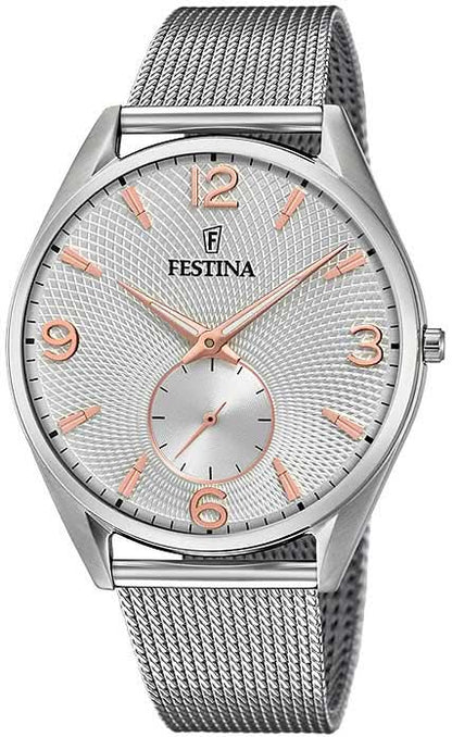 Festina herrarmbandsur med silverfärgat mesharmband och vit urtavla