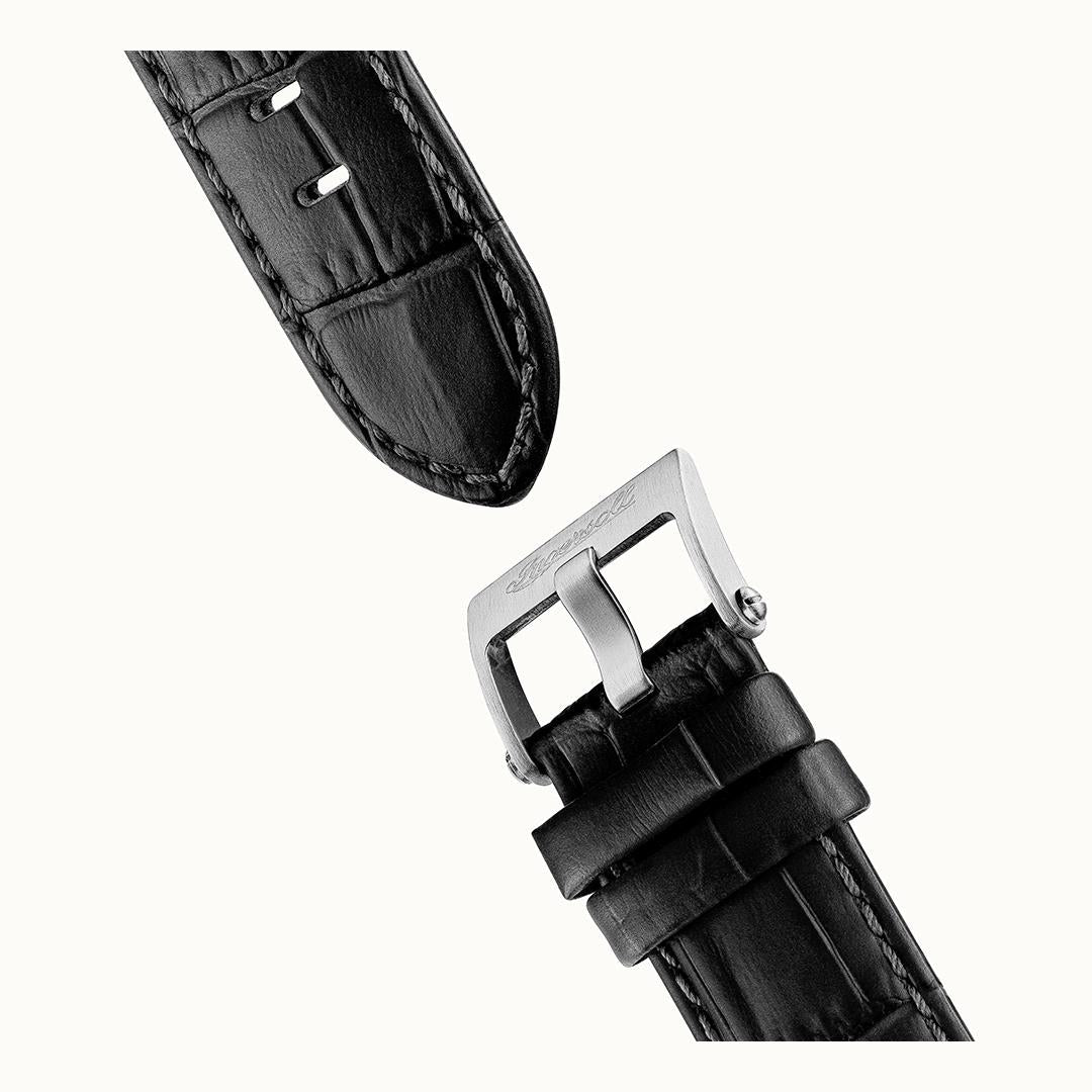 Herrenarmbanduhr Ingersoll: schwarzes Lederband mit Metallschnalle und Dornverschluss.