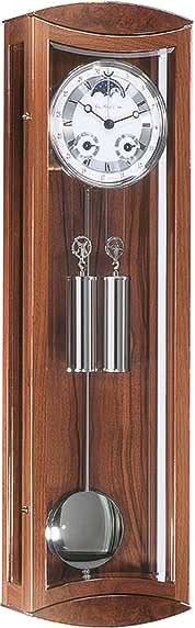 Holz väggklocka med brun träram, urtavla bakom glas, pendel och rund gong
