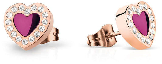 Bering örhängen: hjärtformade örhängen i rostfritt stål, roséguld, lila hjärta emalj med strass.