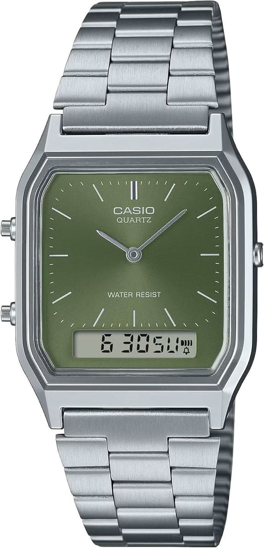Armbandsur med grön urtavla och stållänk, digital display, kantigt boett