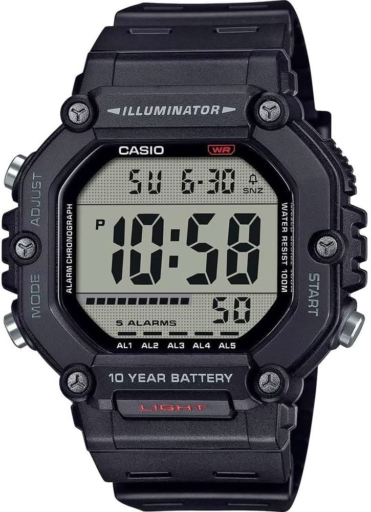 Herrarnas digitala klocka med svart gummiarmband och LED-display, 10-års batteritid
