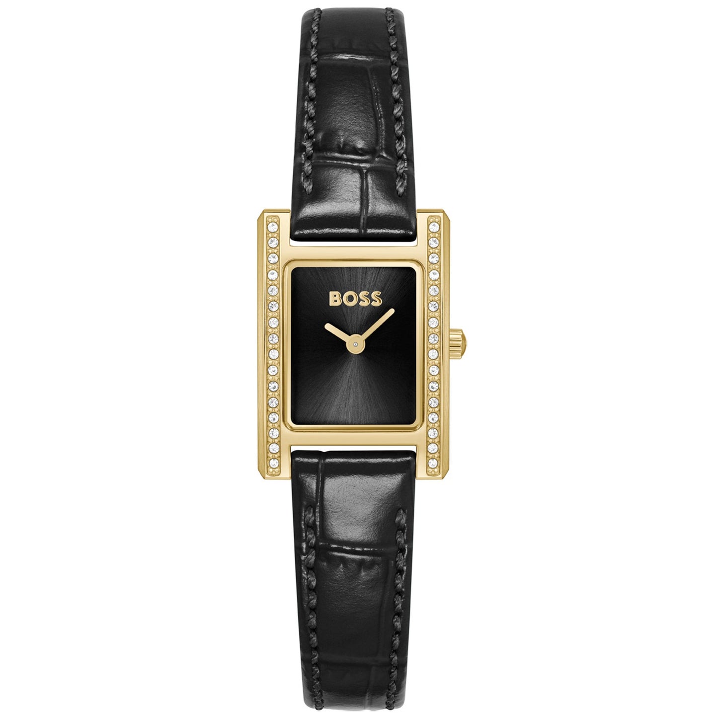 BOSS Damenuhr mit schwarzem Lederarmband, goldenem Gehäuse und Steinbesatz