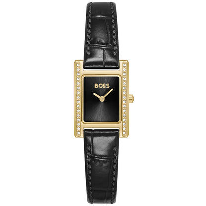 BOSS Damenuhr mit schwarzem Lederarmband, goldenem Gehäuse und Steinbesatz