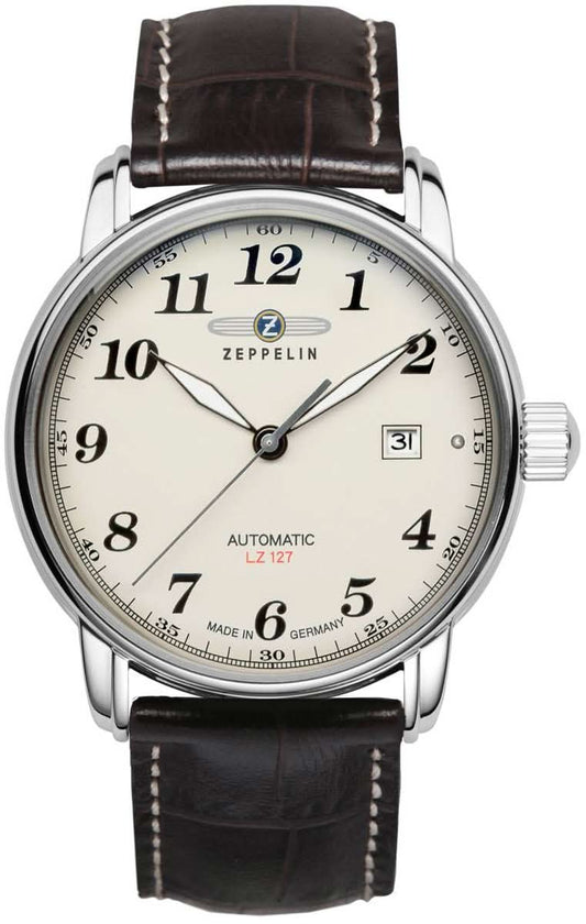 Zeppelin herrur med runt silverfärgat hölje, beige urtavla och svart läderarmband