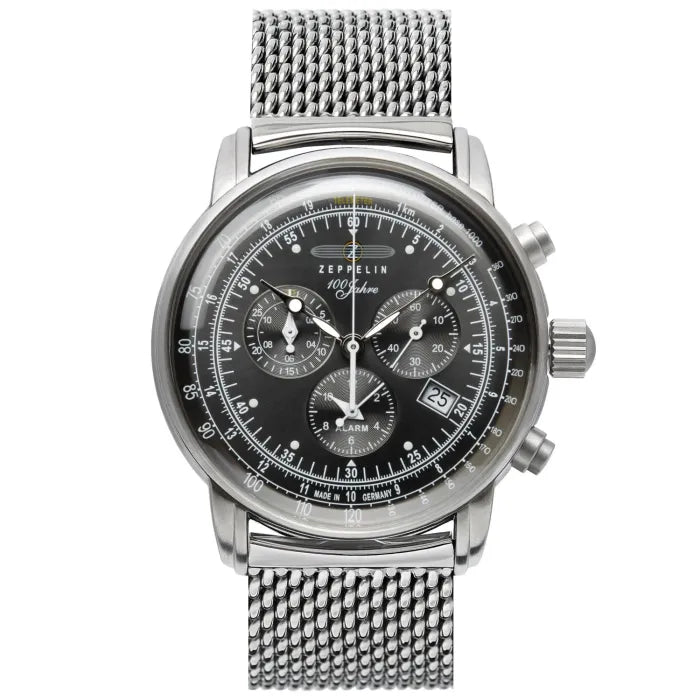 Zeppelin Herren-Chronograph Armbanduhr mit schwarzem Zifferblatt und Stahl-Meshband