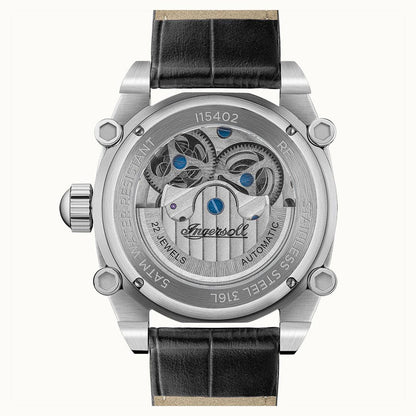 Ingersoll Automatik-Armbanduhr mit schwarzem Lederband und offenem Skelettzifferblatt, silberfarbenes Gehäuse.