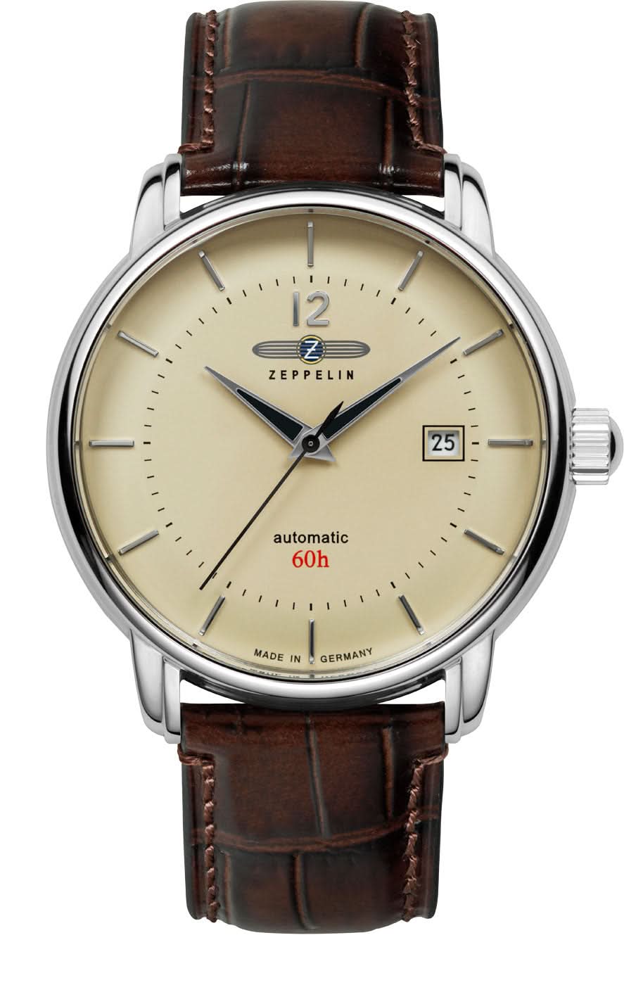 Herrarmbandsur med brunt läderband, beige urtavla och stållanse
