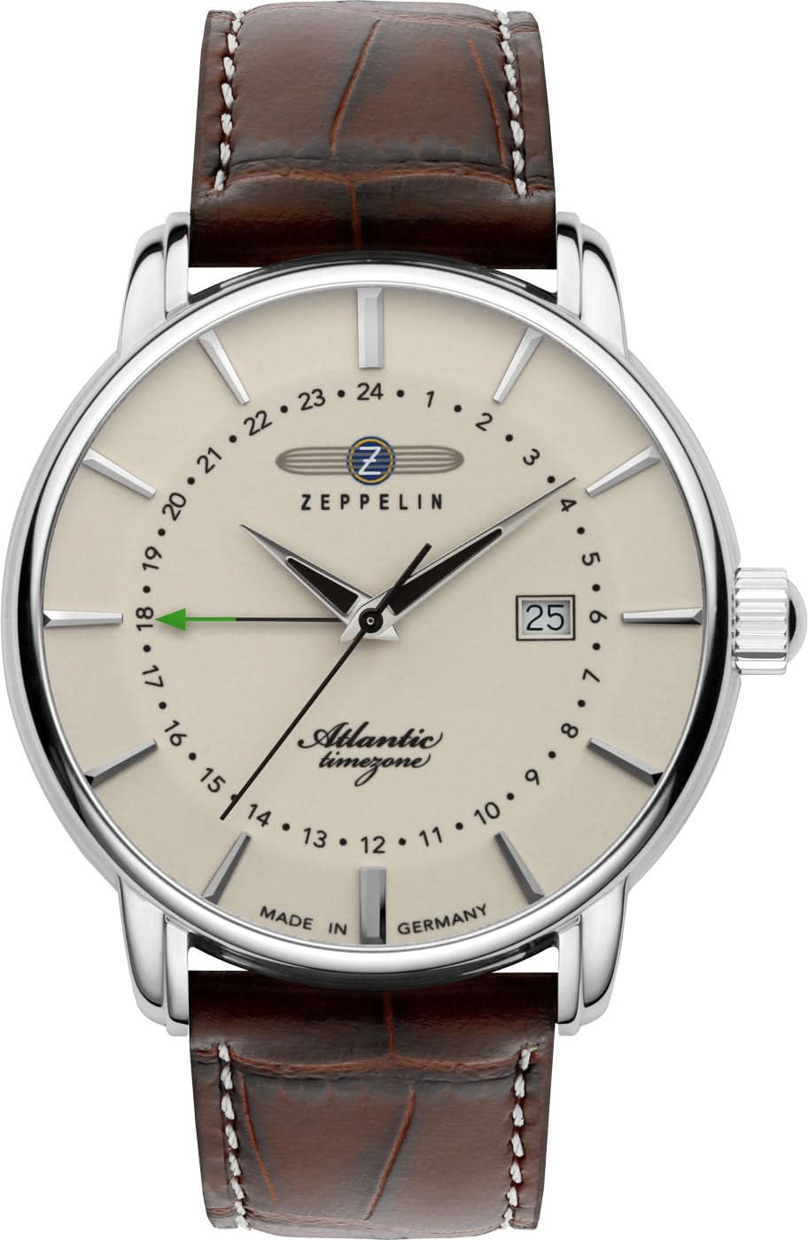 Herrklocka med silverfärgat hölje, beige urtavla och brunt läderarmband, analog visning