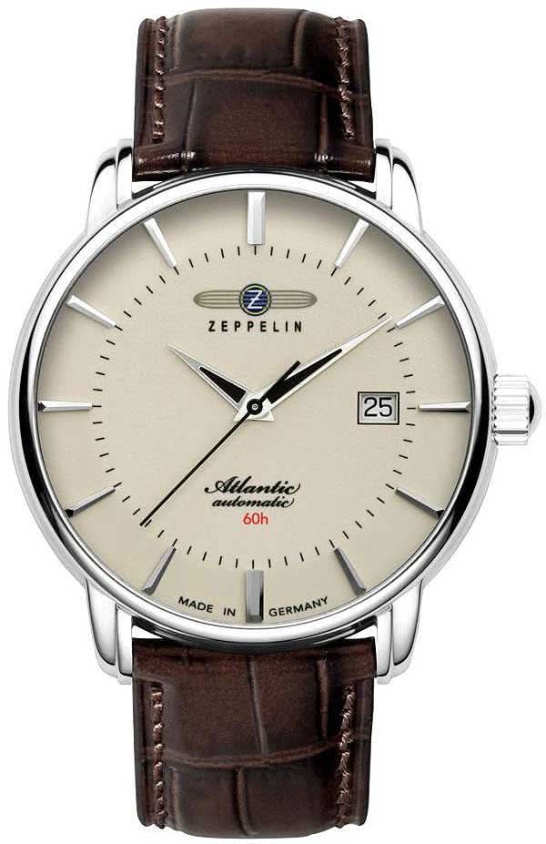 Zeppelin Atlantic herrklocka, brunt läderband, beige urtavla, datum