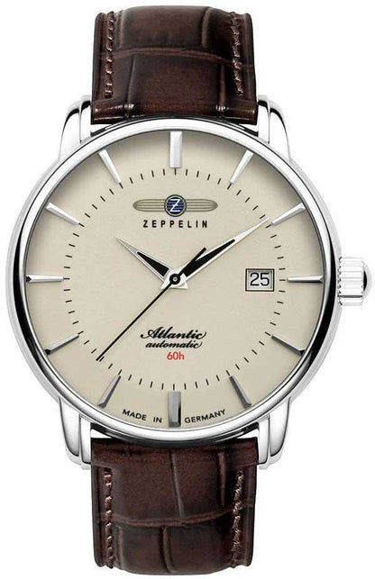 Zeppelin Atlantic herrklocka, brunt läderband, beige urtavla, datum