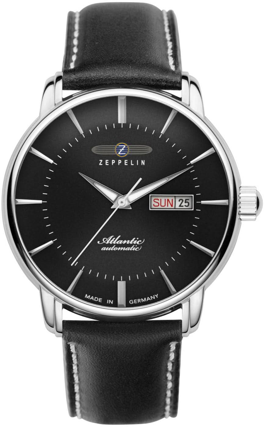 Zeppelin herrur med automatisk urverk, svart urtavla, svart läderarmband, datumfönster