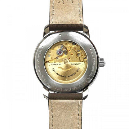Zeppelin herrur med synligt monterat urverk och beige läderband