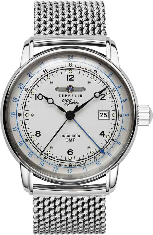 Zeppelin herrklocka med silverfärgat metallarmband, vit urtavla och blå GMT-ring, datum