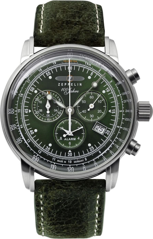 Herrklocka med grön urtavla, tre kronograf-suburtavlor och grönt läderarmband