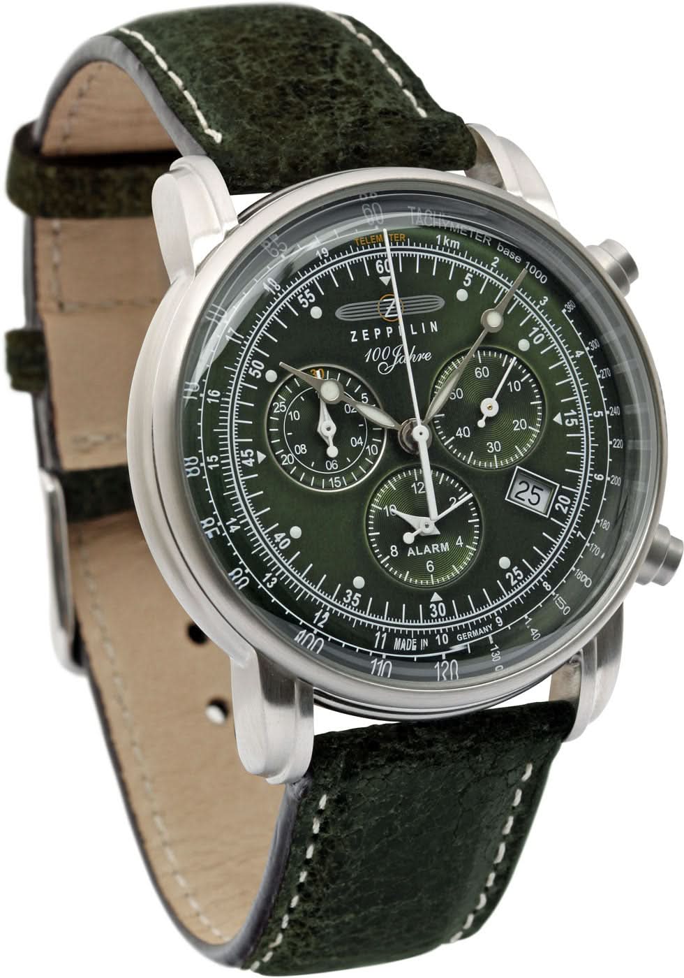 Herrklocka med grön urtavla, kronograf-suburtavlor och grönt läderarmband