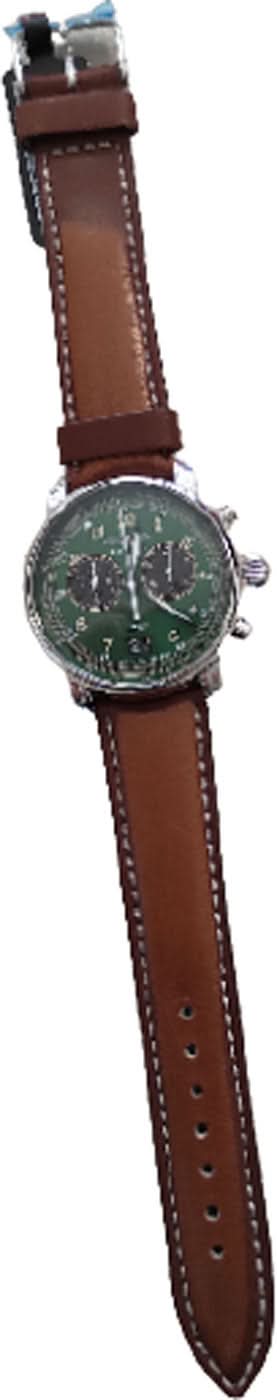 Herrklocka med brunt läderband och grön urtavla, vy från sidan