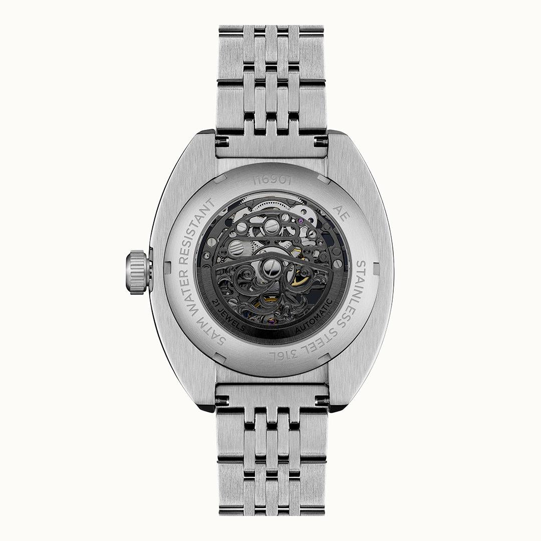 Ingersoll Herrenuhr Rückseite mit Skelettwerk und Edelstahlgliederarmband