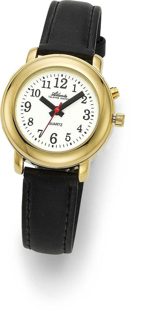 Atlanta seniorur med svart läderarmband, guldfärgad rund boett och analog urtavla.