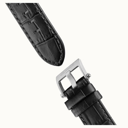 Ingersoll Armbanduhr: schwarzes Lederband mit Dornschließe und silberfarbenem Schließenrahmen.