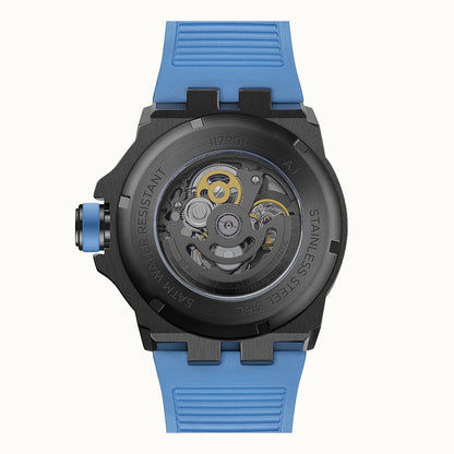 Rückansicht der Herren-Armbanduhr: schwarzes Gehäuse mit Sicht auf das Werk, blaues Band