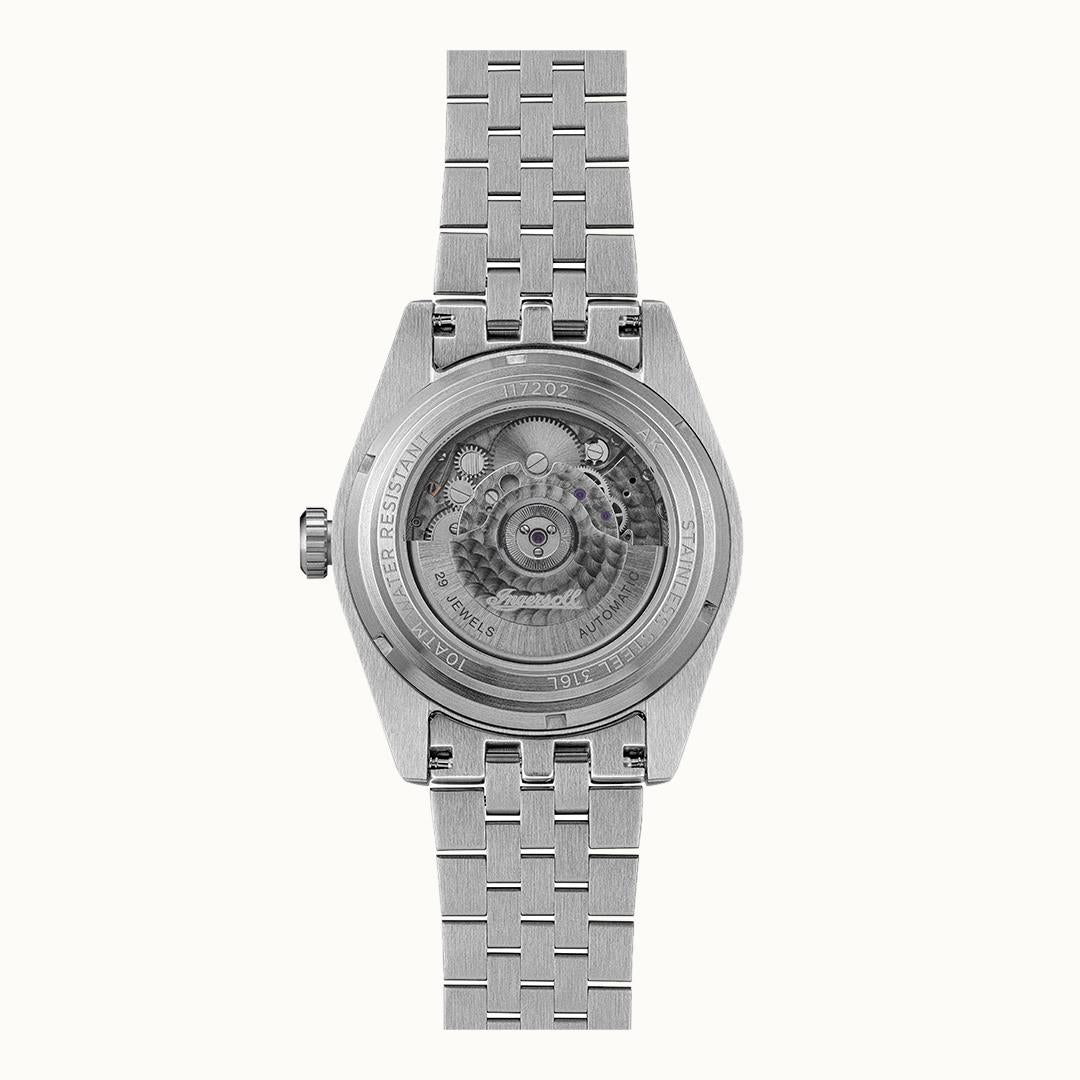 Herrenarmbanduhr Ingersoll mit Sichtboden: mechanisches Werk unter Glas, Edelstahlarmband