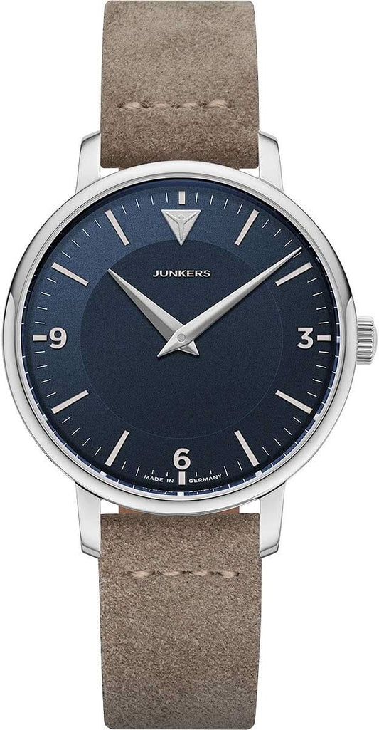 Junkers Therese damklocka i Bauhaus-stil med mörkblå urtavla och beige läderarmband