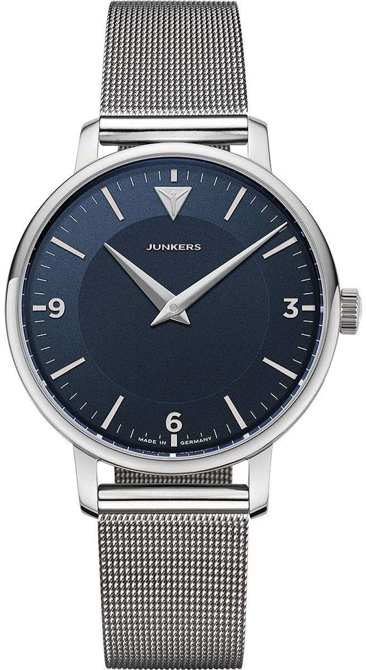 Junkers herrur med blå urtavla, silverfärgat hölje och metallarmband