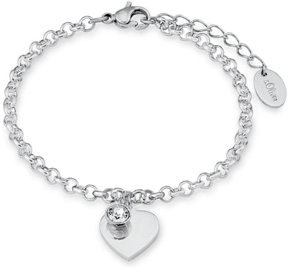 Armband med hjärthänge i metall, rund sten i hänget, länkkedja och lås
