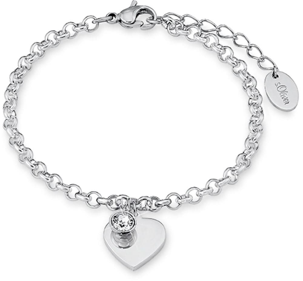 Armband med hjärthänge och länkkejda, rund sten, s.Oliver-logoplakett