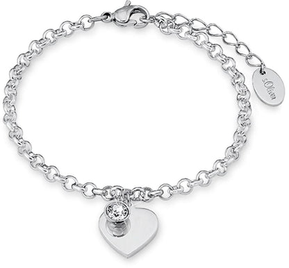 Armband med hjärthänge och länkkejda, rund sten, s.Oliver-logoplakett