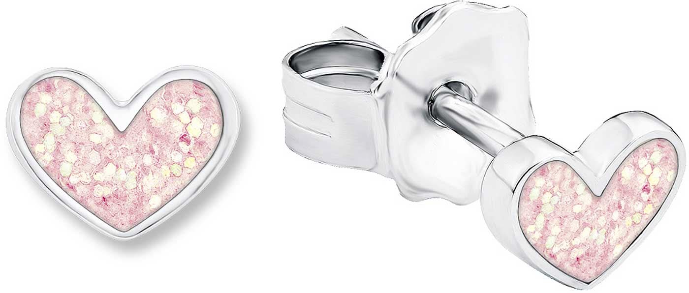 Örhängen med hjärtformade stenar, rosa glittrande emalj och silverinfattning