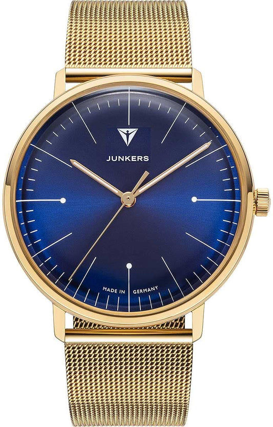 Junkers Bauhaus herrklocka med blå urtavla och guldfärgat metallarmband