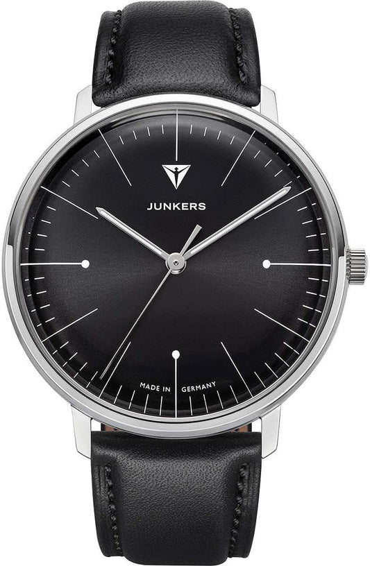 Herrklocka JUNKERS med svart urtavla, silverfärgat hölje och läderarmband