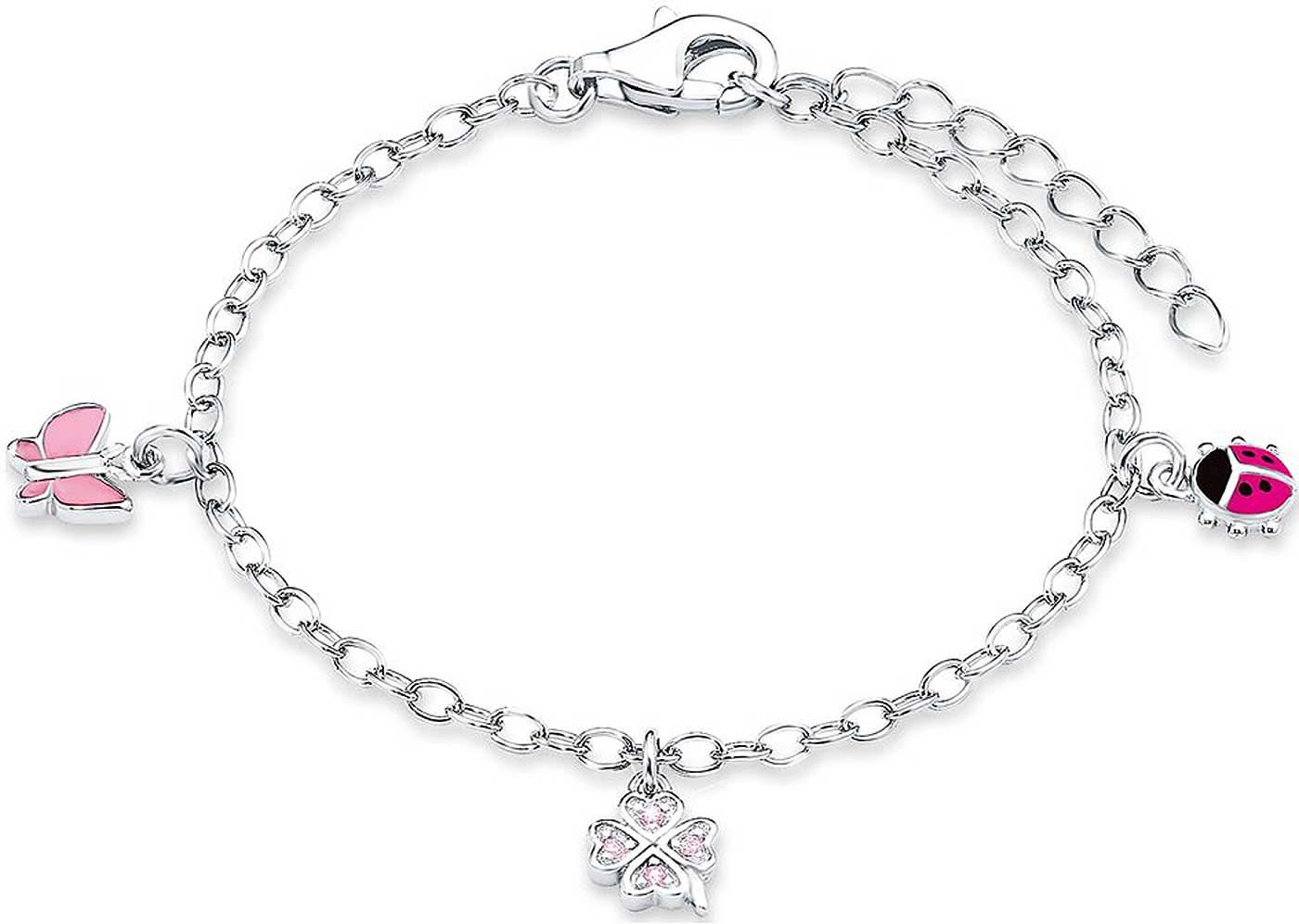 Silversmyckesarmband med berlocker i form av rosa fjäril, nyckelpiga och blomma