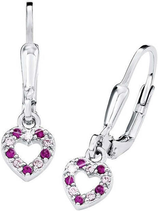 Hjärtformade örhängen i silverfärgad metall med rosa-lila stenar