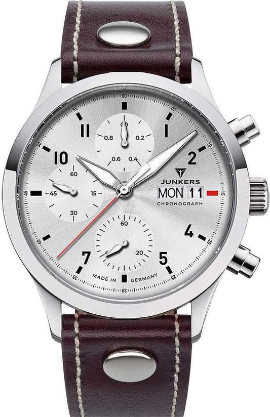 Junkers herrur med silverfärgad kronografurtavla och mörkbrunt läderarmband