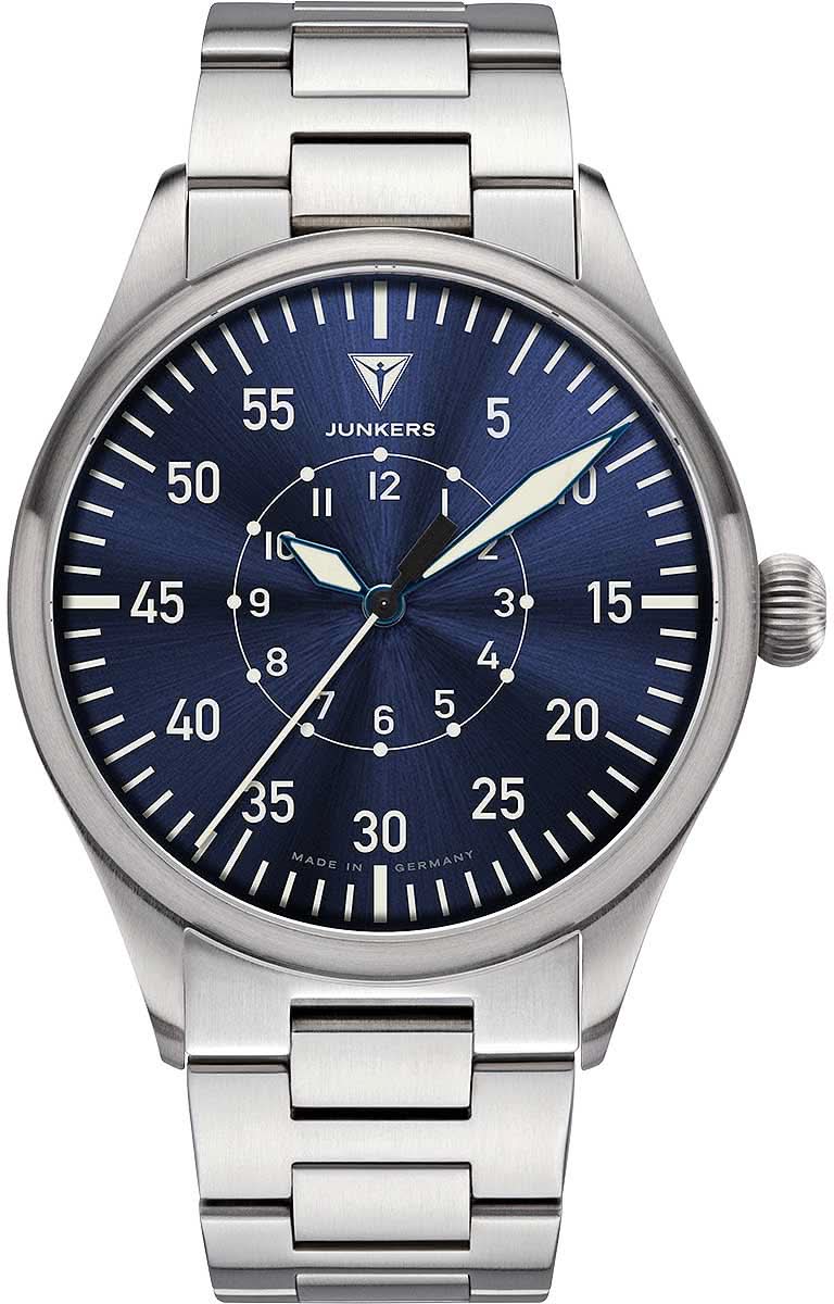 Junkers herrklocka med metallarmband, blå urtavla och analog tidsvisning