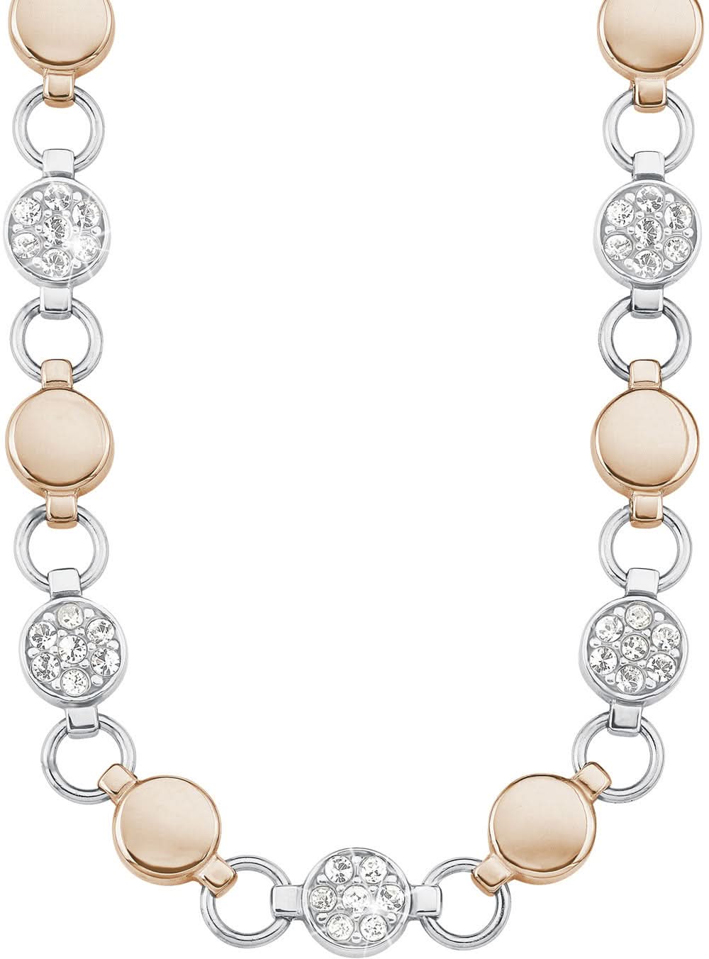Bicolor-halsband med runda länkar och kristallberlocker i silver och beige