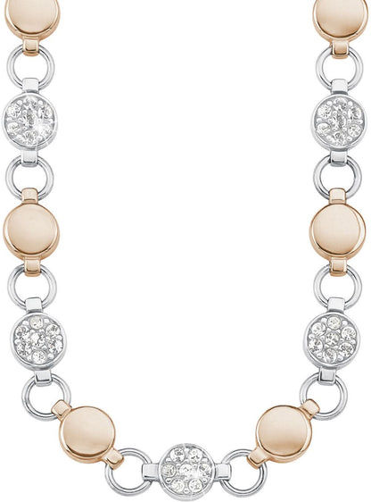 Bicolor-halsband med runda länkar och kristallberlocker i silver och beige