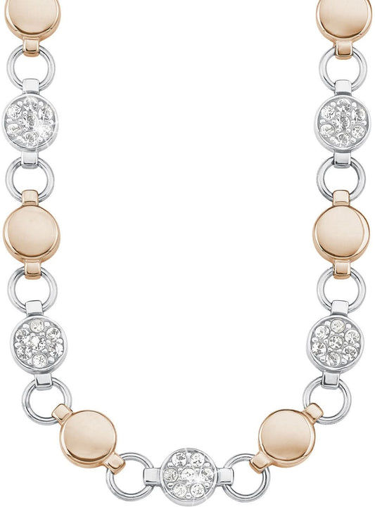 Bicolor-halsband med runda länkar och kristallberlocker i silver och beige