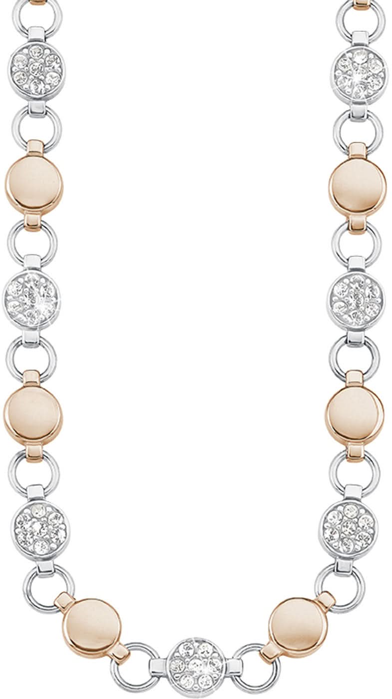 Bikolär halsband med ringlänkar och runda kristall-element i silver och beige