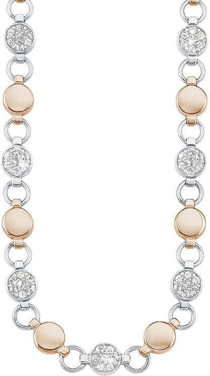 Bikolär halsband med ringlänkar och runda kristall-element i silver och beige