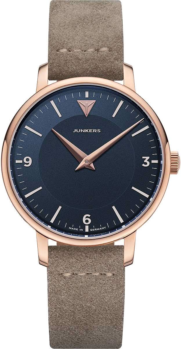 Junkers damklocka i Bauhaus-stil med mörkblå urtavla, roséguldpläterat hölje och beige läderarmband