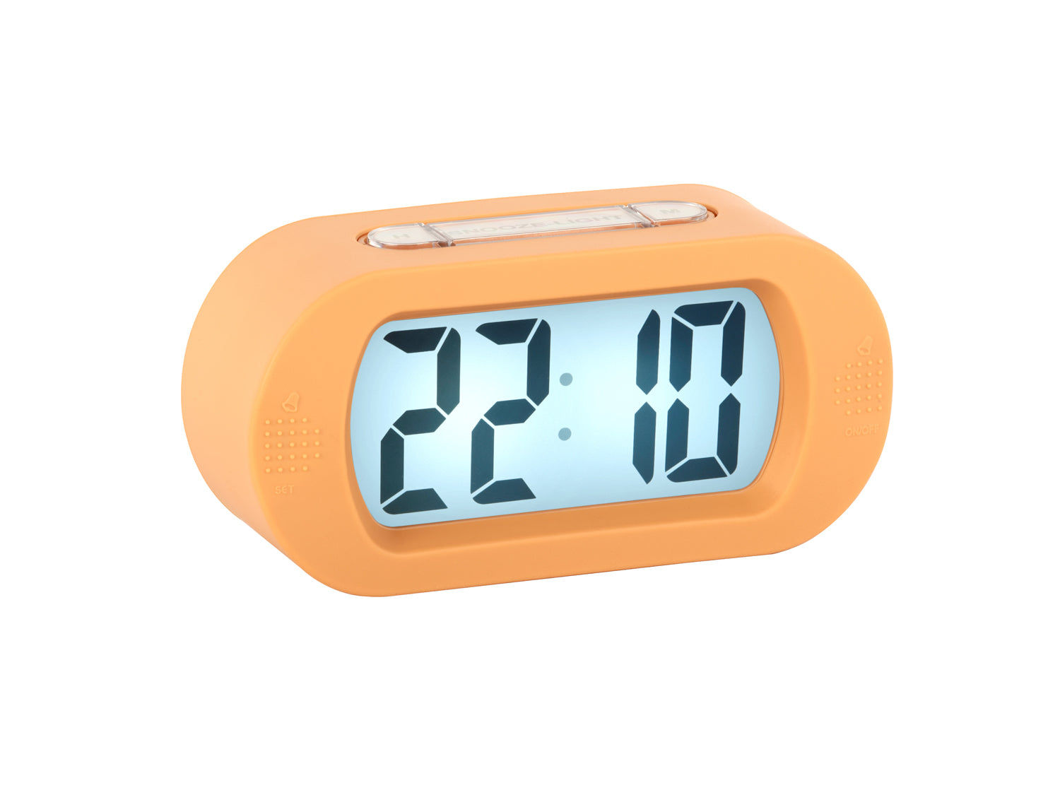 Digital väckarklocka i mjukorange med stor LCD-display, synlig tid