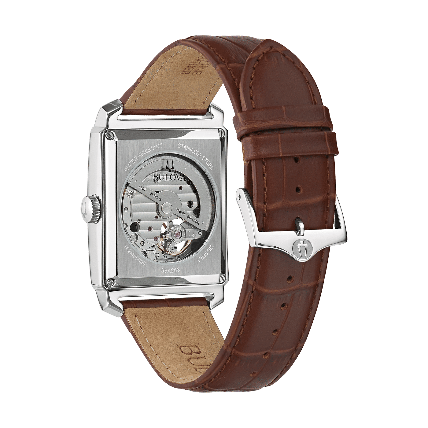 Herrklocka med synligt urverk och brunt läderarmband, profil